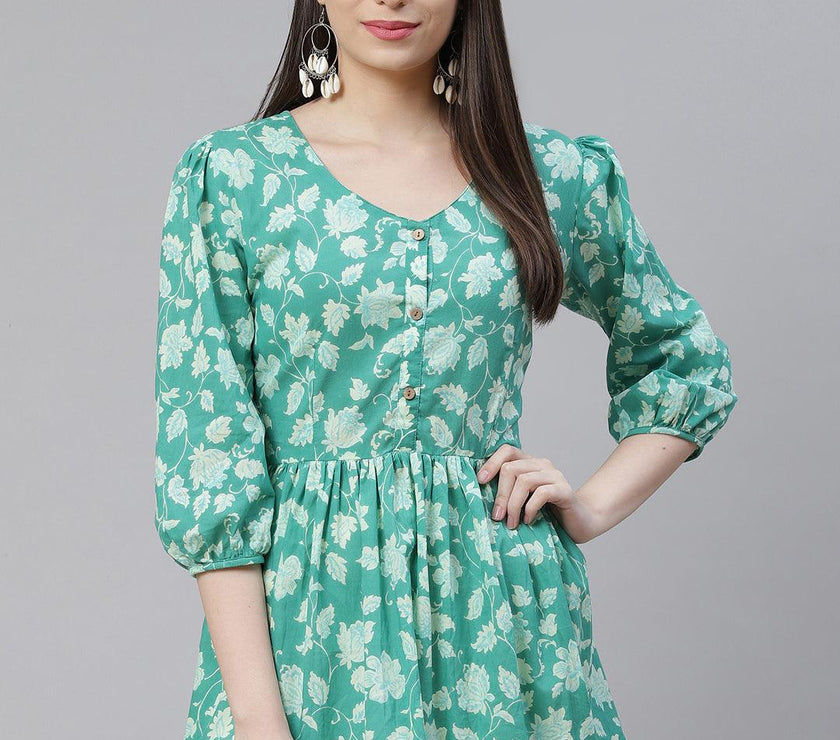 Divena Sea green Floral Printed Peplum Cotton top - divena world