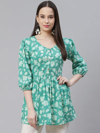 Divena Sea green Floral Printed Peplum Cotton top - divena world