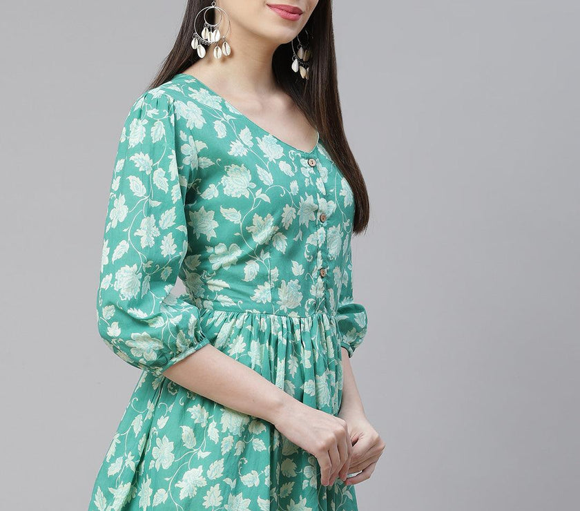 Divena Sea green Floral Printed Peplum Cotton top - divena world