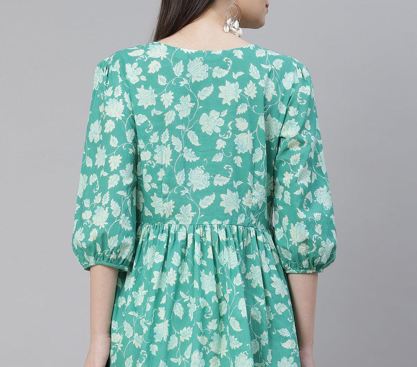 Divena Sea green Floral Printed Peplum Cotton top - divena world