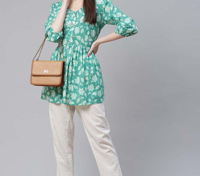 Divena Sea green Floral Printed Peplum Cotton top - divena world