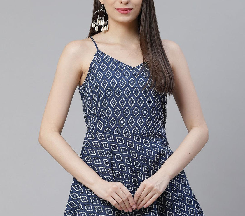 Divena Blue geometric Printed Shoulder Strip Cotton Top - divena world