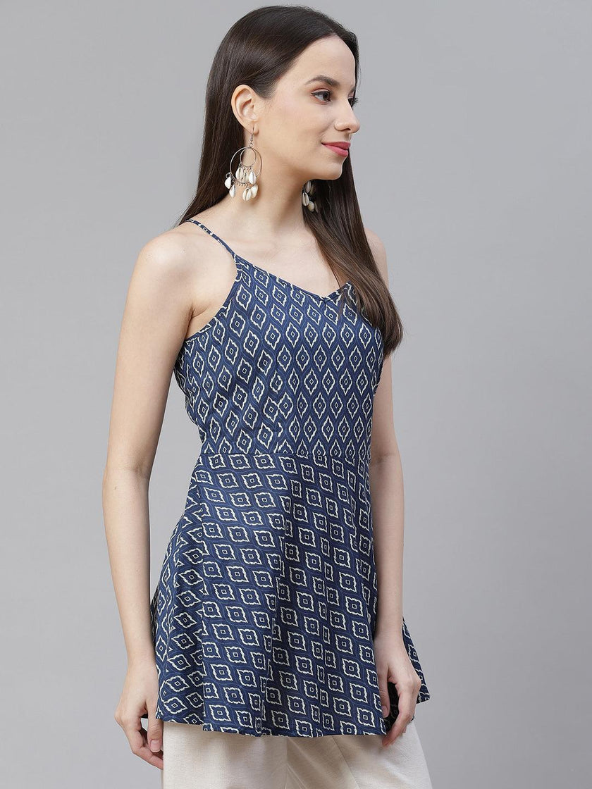 Divena Blue geometric Printed Shoulder Strip Cotton Top - divena world