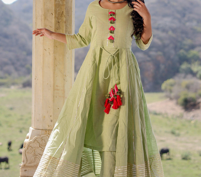 Divena Pastel Green Flaired Cotton kurta with pants - divenaworld.com