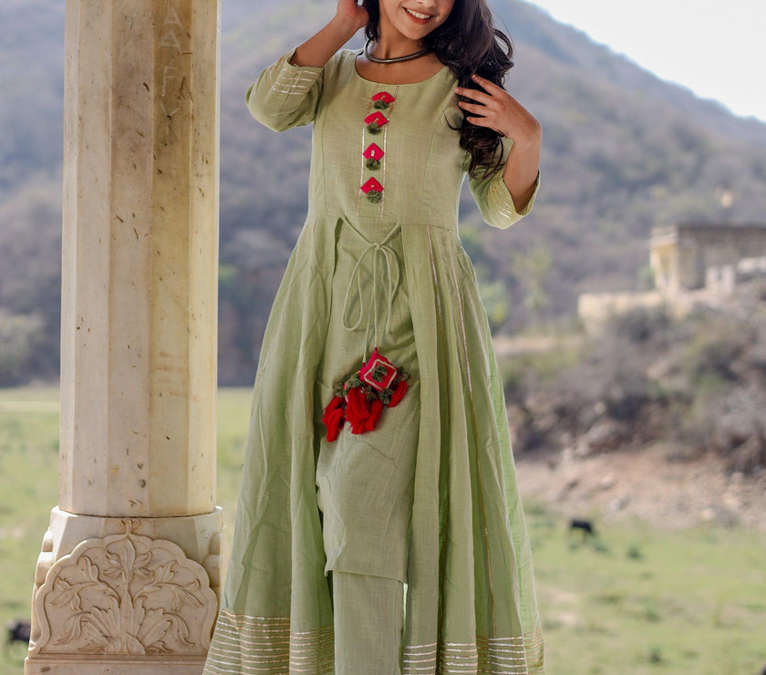 Divena Pastel Green Flaired Cotton kurta with pants - divenaworld.com