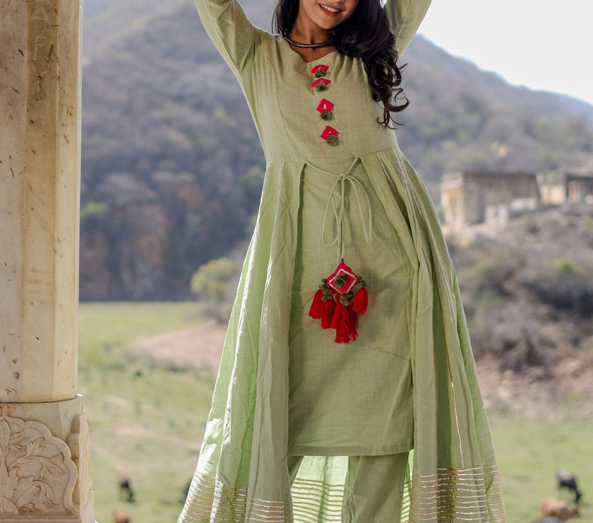 Divena Pastel Green Flaired Cotton kurta with pants - divenaworld.com