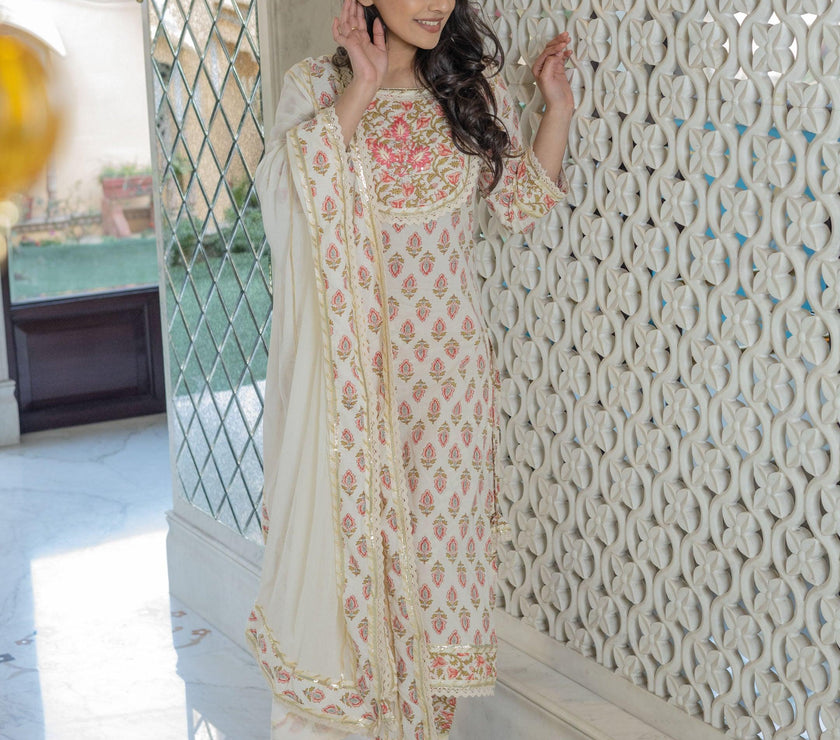 Divena Off white Cotton Straight Kurta Pant set with Dupatta - divenaworld.com