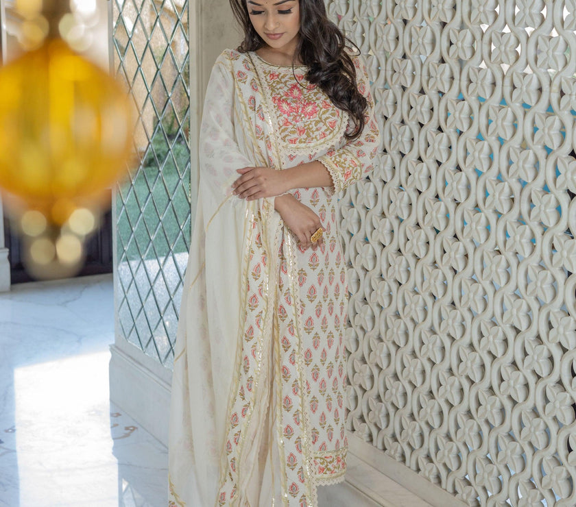 Divena Off white Cotton Straight Kurta Pant set with Dupatta - divenaworld.com