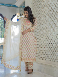 Divena Off white Cotton Straight Kurta Pant set with Dupatta - divenaworld.com