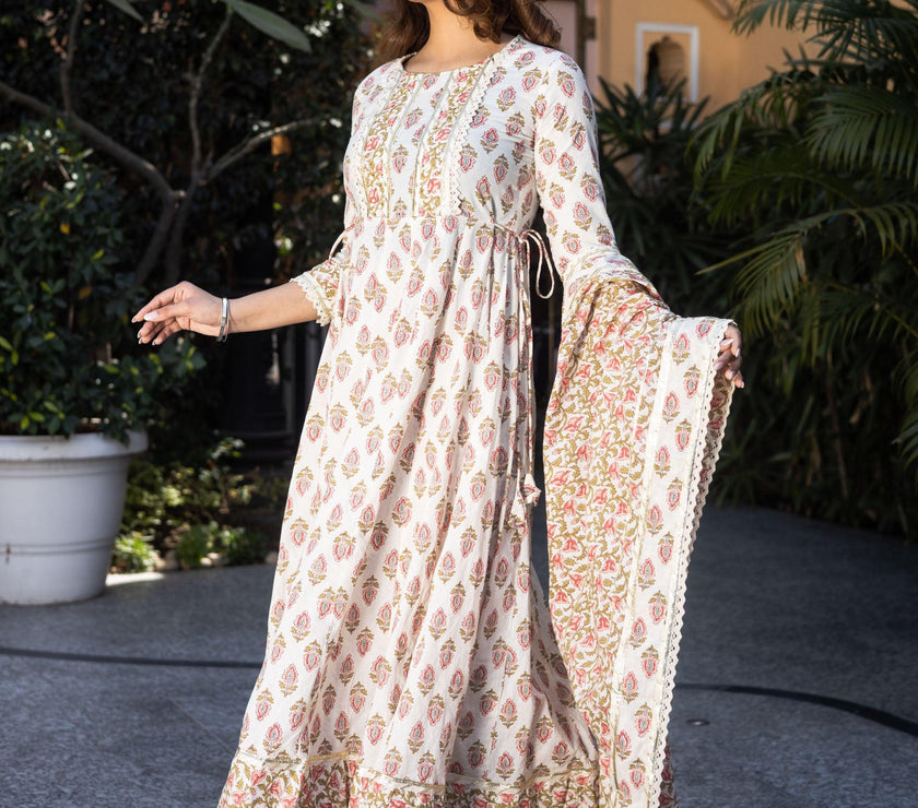 Divena Cream Floral Anarkali Cotton Kurta Palazzo set with Dupatta - divenaworld.com