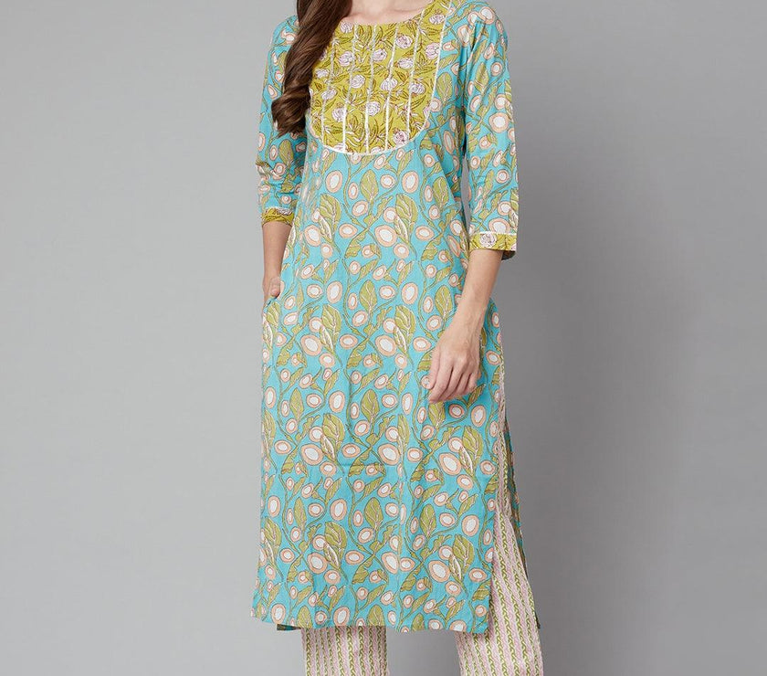 Divena Sky blue Floral Printed Cotton kurta Pant Set - divena world