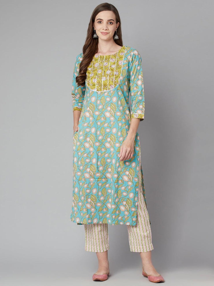 Divena Sky blue Floral Printed Cotton kurta Pant Set - divena world