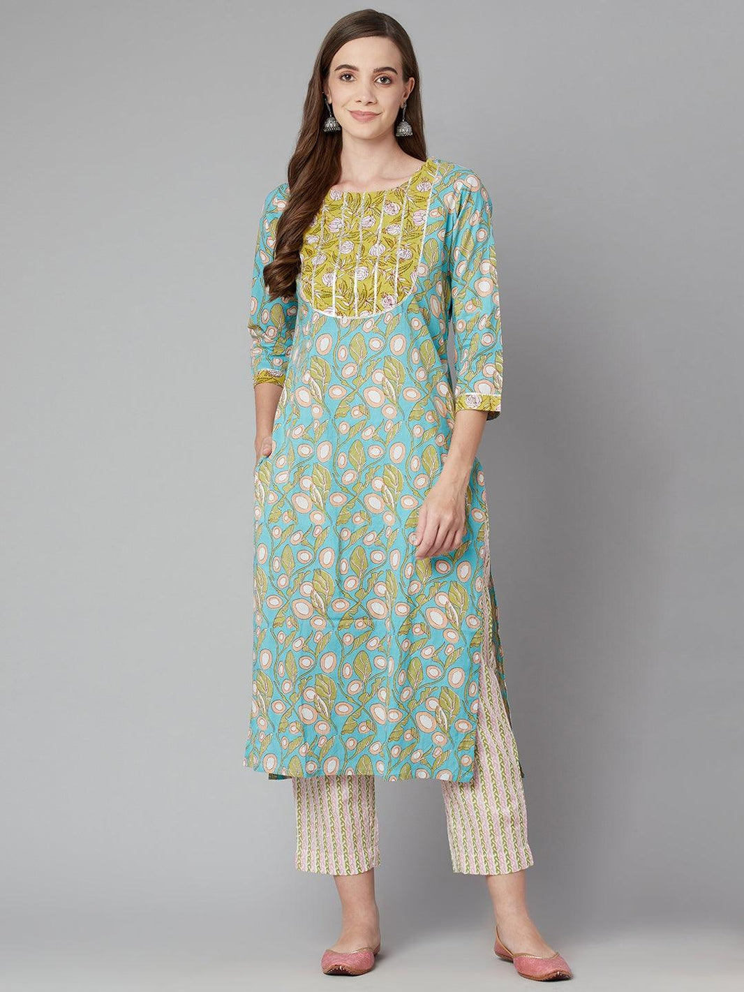 Divena Sky blue Floral Printed Cotton kurta Pant Set - divena world