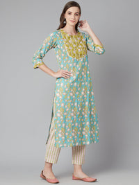 Divena Sky blue Floral Printed Cotton kurta Pant Set - divena world