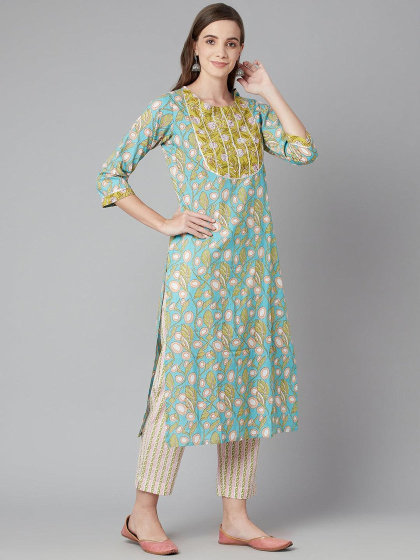 Divena Sky blue Floral Printed Cotton kurta Pant Set - divena world