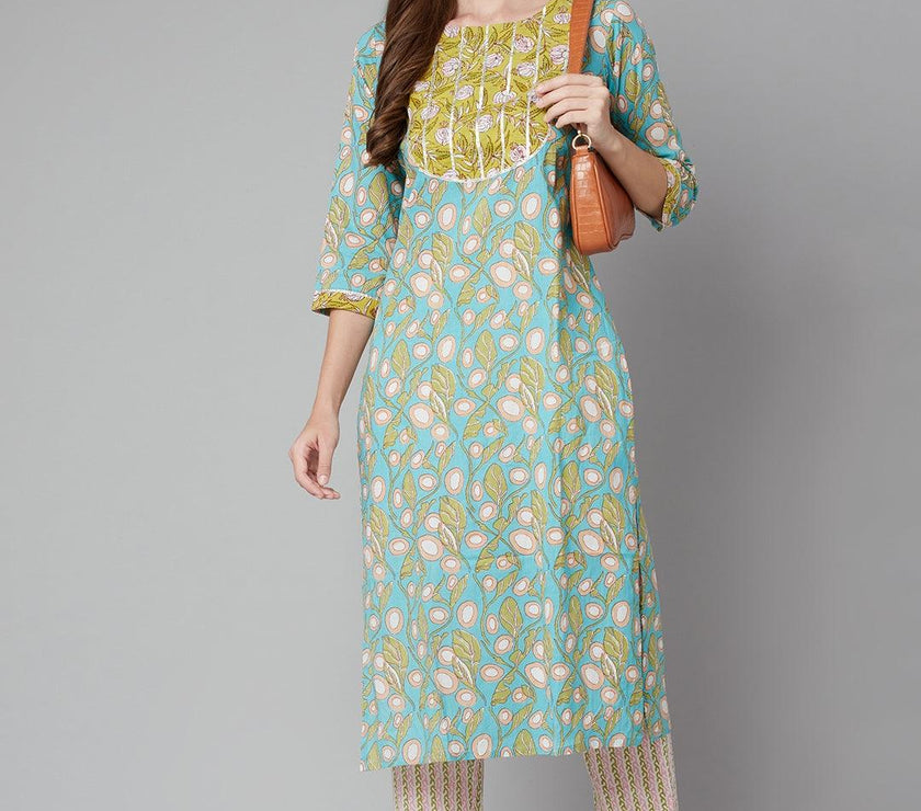 Divena Sky blue Floral Printed Cotton kurta Pant Set - divena world