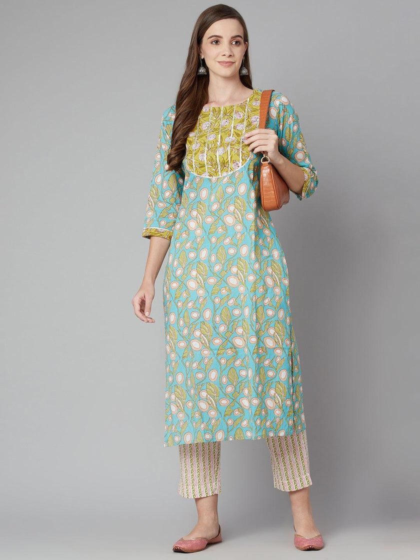 Divena Sky blue Floral Printed Cotton kurta Pant Set - divena world