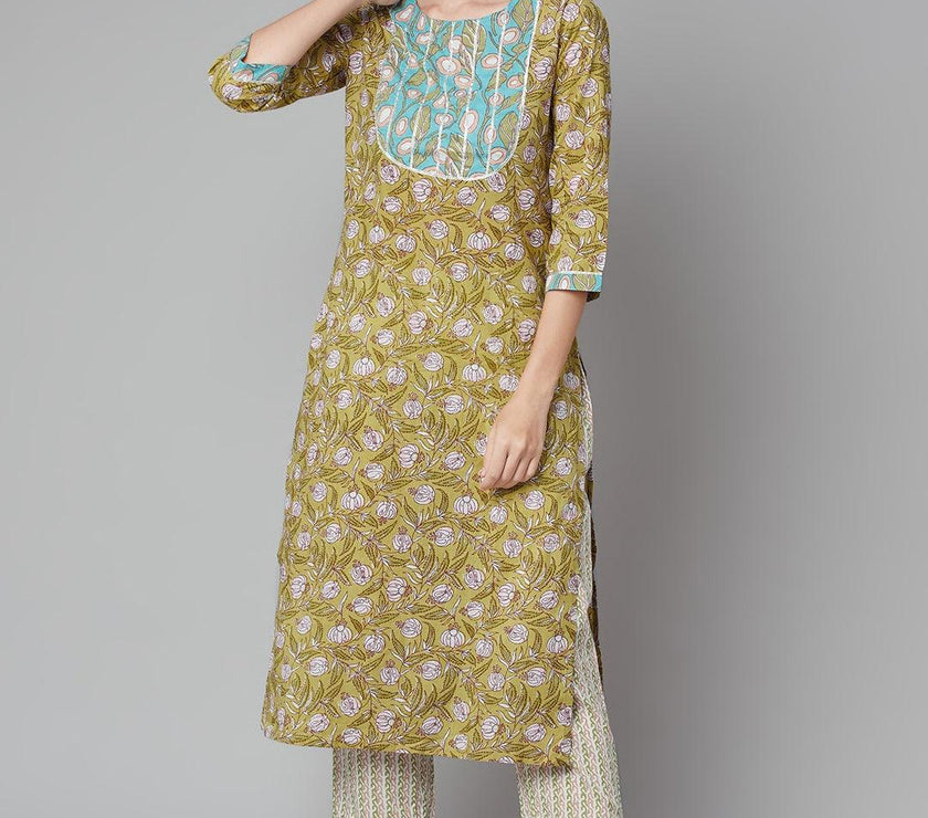 Divena Pastel green Floral Printed Cotton kurta Pant Set - divena world