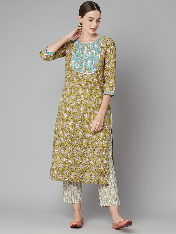 Divena Pastel green Floral Printed Cotton kurta Pant Set - divena world