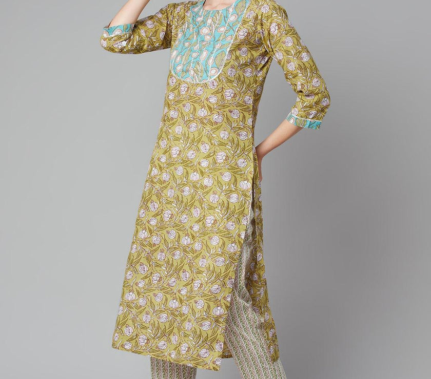 Divena Pastel green Floral Printed Cotton kurta Pant Set - divena world