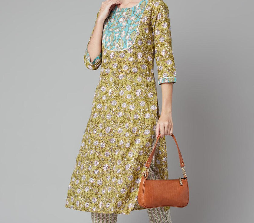 Divena Pastel green Floral Printed Cotton kurta Pant Set - divena world