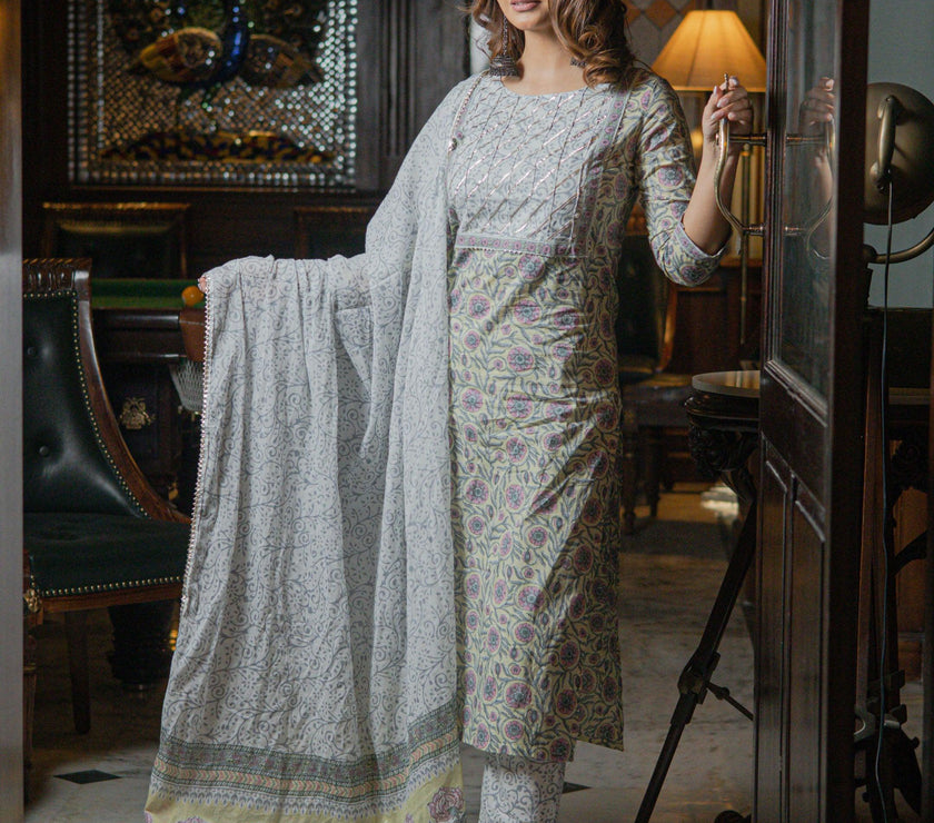 Divena Yellow Floral Printed Cotton Kurta pant set with Dupatta - divenaworld.com