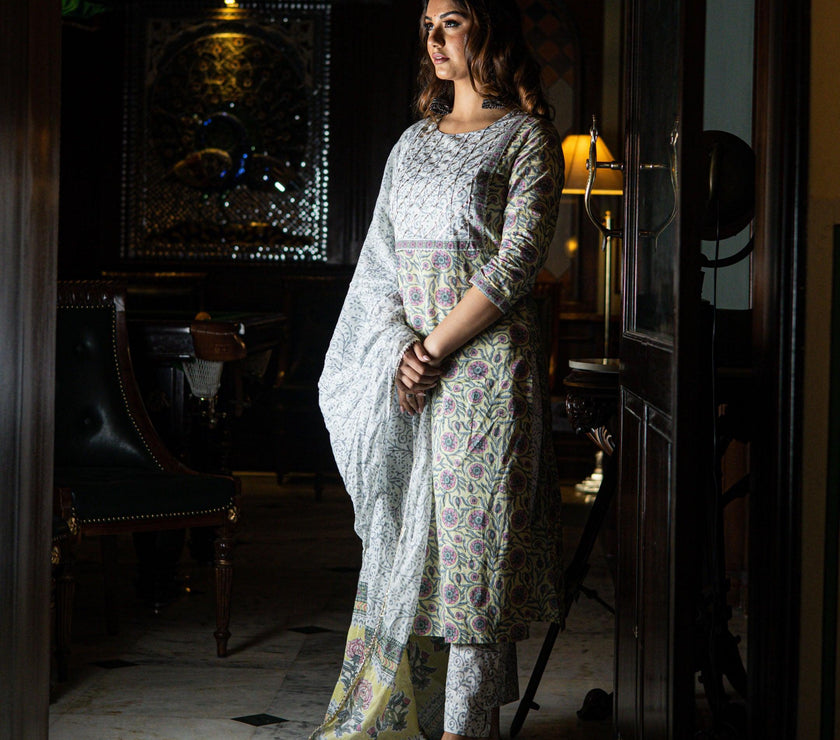 Divena Yellow Floral Printed Cotton Kurta pant set with Dupatta - divenaworld.com