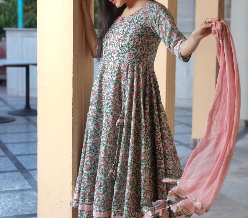 Divena Pastel Blue Floral Anarkali Cotton Kurta Palazzo set with Dupatta - divenaworld.com