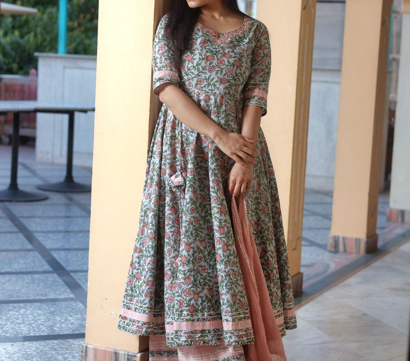 Divena Pastel Blue Floral Anarkali Cotton Kurta Palazzo set with Dupatta - divenaworld.com