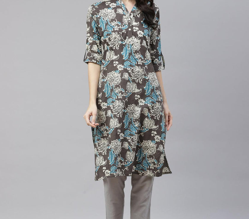 Divena Brown Floral printed Straight kurta - divena world