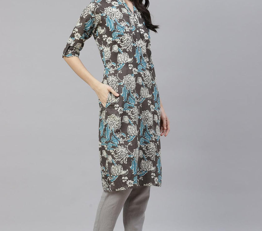 Divena Brown Floral printed Straight kurta - divena world