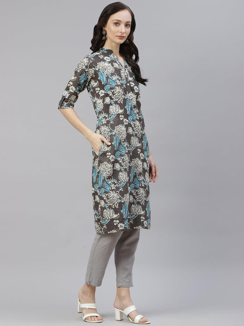 Divena Brown Floral printed Straight kurta - divena world