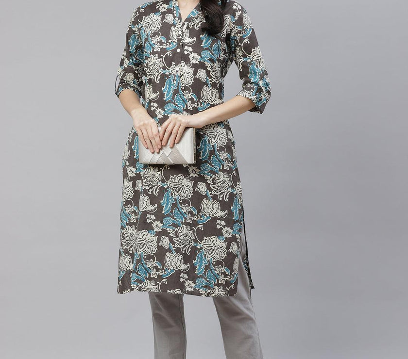 Divena Brown Floral printed Straight kurta - divena world