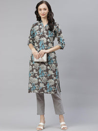 Divena Brown Floral printed Straight kurta - divena world