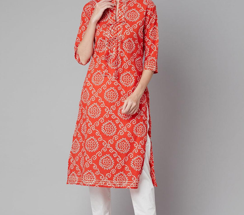 Divena Red bandhej Straight Kurta - divena world