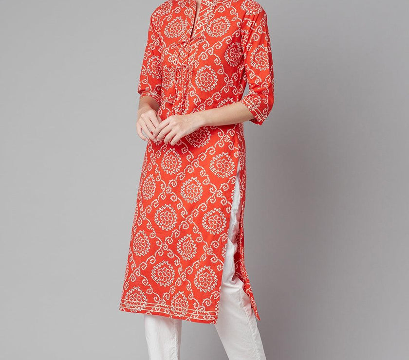 Divena Red bandhej Straight Kurta - divena world