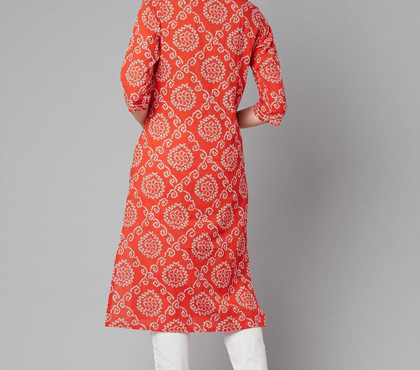 Divena Red bandhej Straight Kurta - divena world