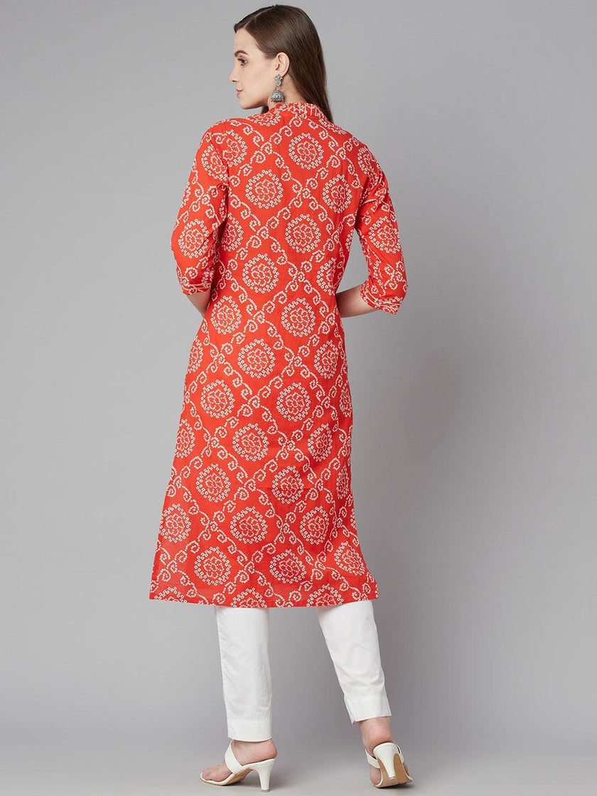 Divena Red bandhej Straight Kurta - divena world