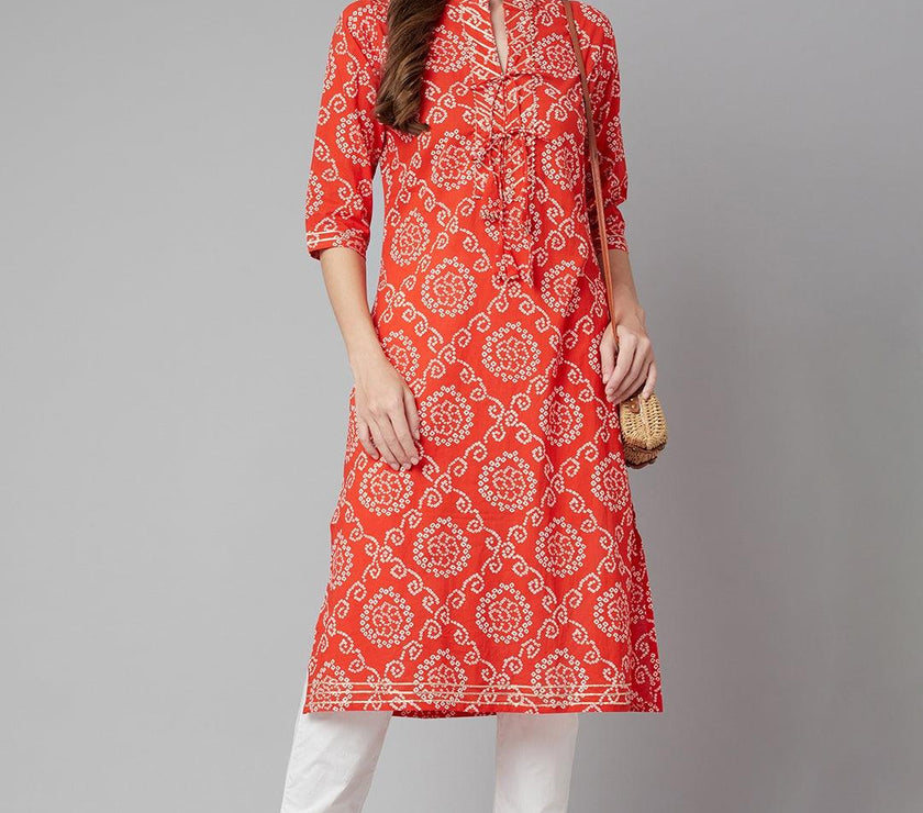 Divena Red bandhej Straight Kurta - divena world