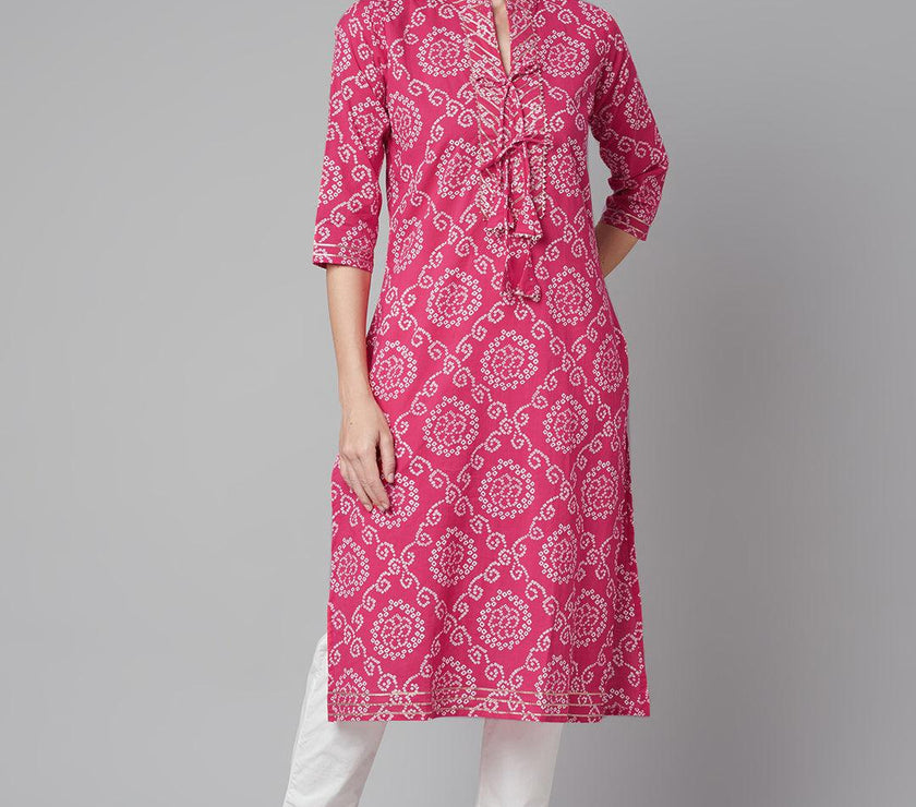 Divena Pink Bandhej Straight Kurta - divena world