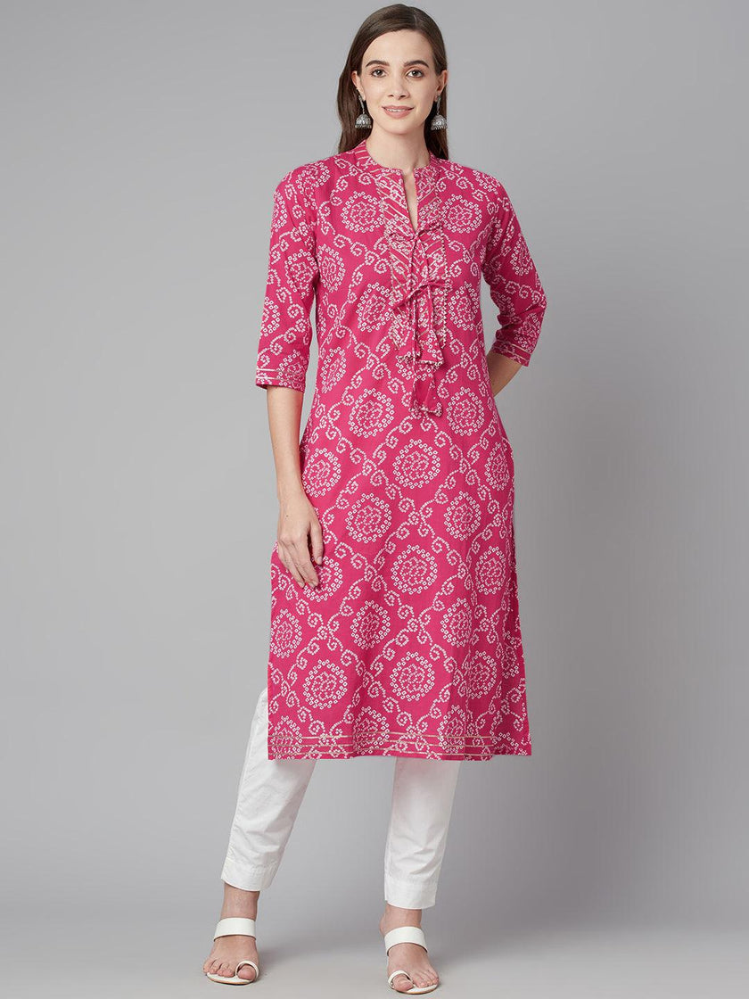 Divena Pink Bandhej Straight Kurta - divena world