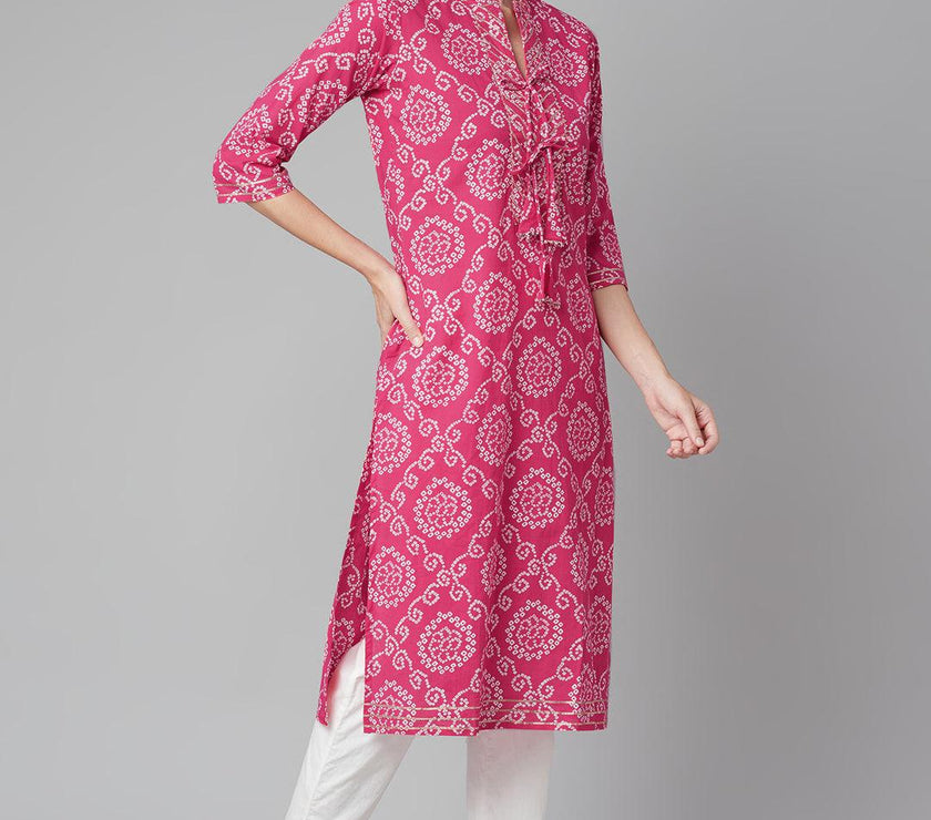 Divena Pink Bandhej Straight Kurta - divena world