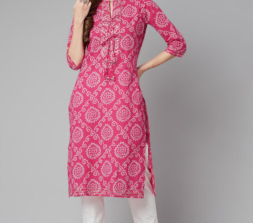 Divena Pink Bandhej Straight Kurta - divena world