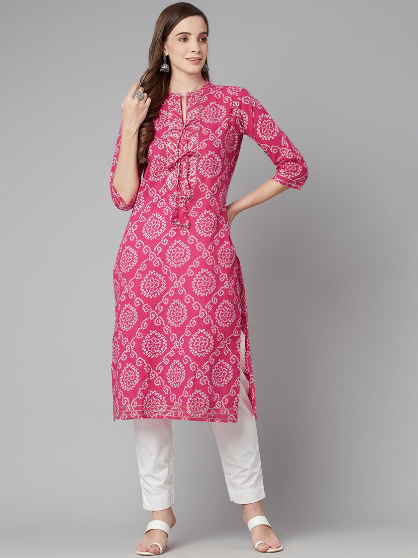 Divena Pink Bandhej Straight Kurta - divena world