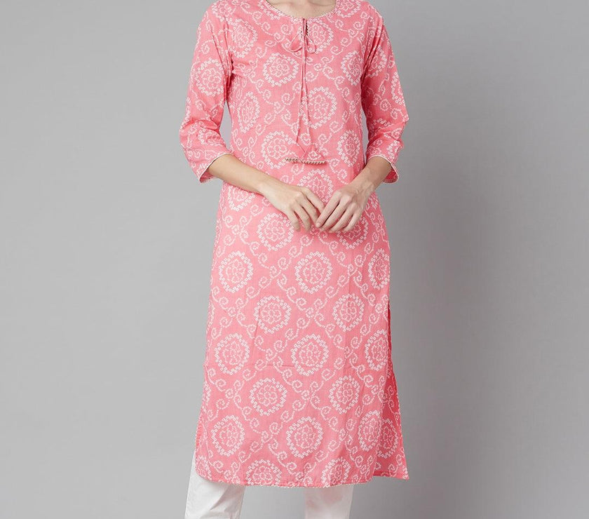 Divena Baby Pink Bandhej Straight Kurta - divena world