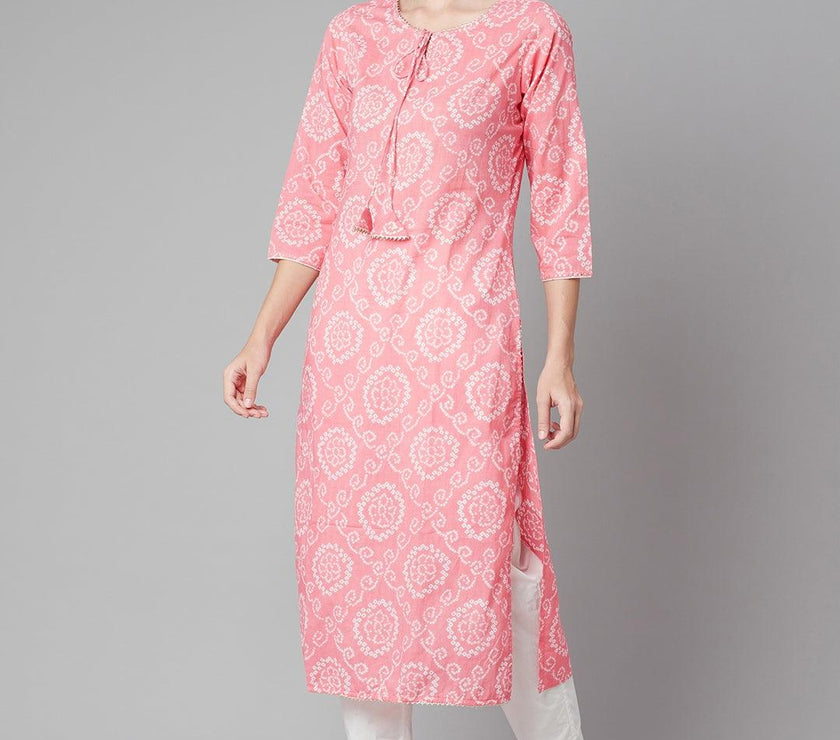 Divena Baby Pink Bandhej Straight Kurta - divena world