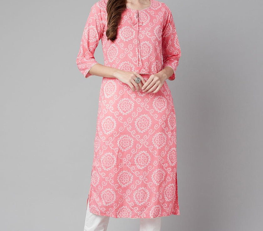 Divena Baby Pink Bandhej Straight Kurta - divena world