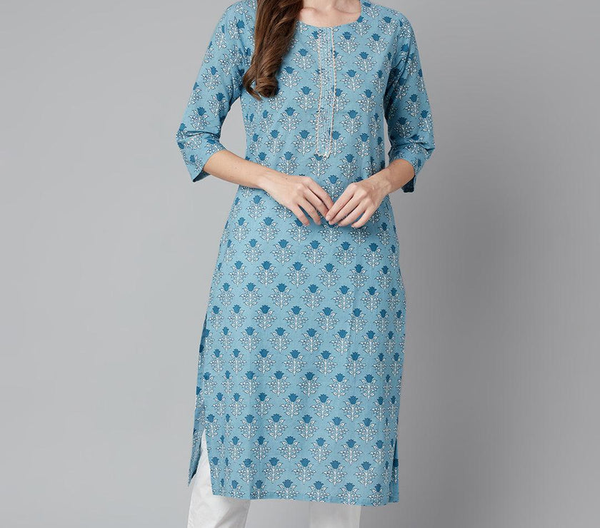 Divena Sky blue Floral Straight Kurta - divena world