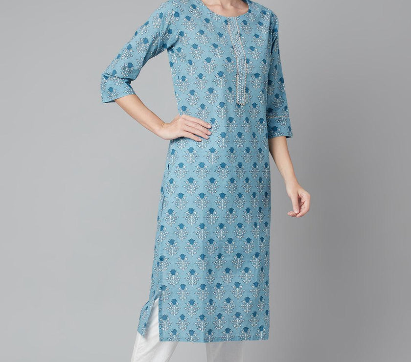 Divena Sky blue Floral Straight Kurta - divena world