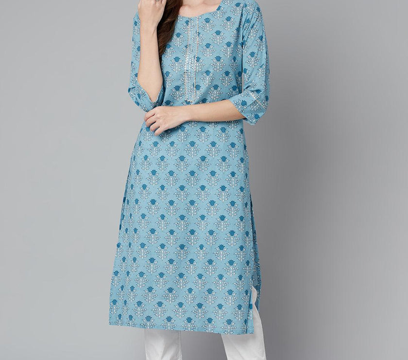 Divena Sky blue Floral Straight Kurta - divena world